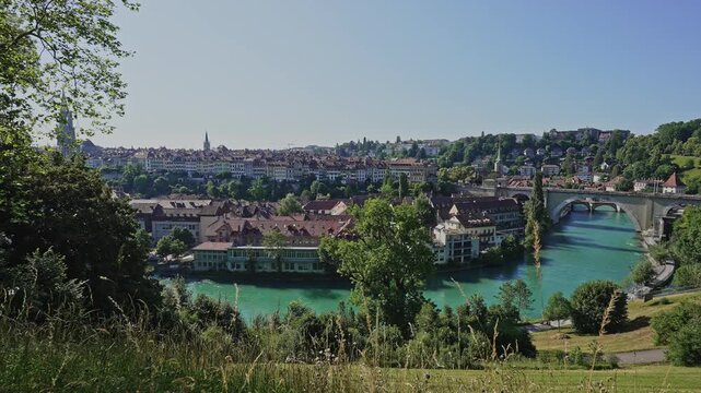Bern Switzerland Aare River &amp; Old Town Bridge Scenic Panorama 4K. Filmed on June 23,2025.