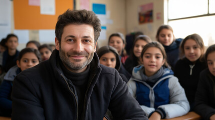 Fototapeta premium A smiling man in his thirties, sitting at the front of a classroom full of happy Latino children.