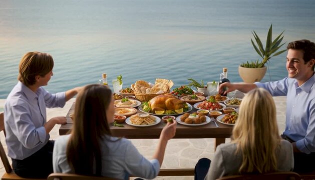A group of friends enjoys an abundant Mediterranean feast featuring roasted chicken pita bread hummus and falafel on an outdoor patio overlooking the sea