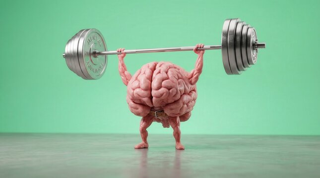 Funny 3D brain character weight training and lifting heavy barbell labeled mental resilience with copy space for cognitive health and mindset strength concept.