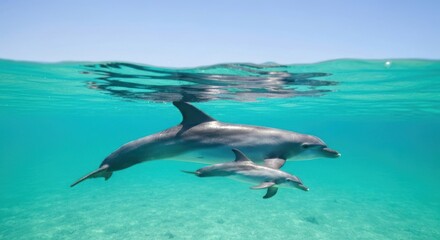 Fototapeta premium Underwater shot of a mother dolphin and her calf swimming in clear turquoise waters