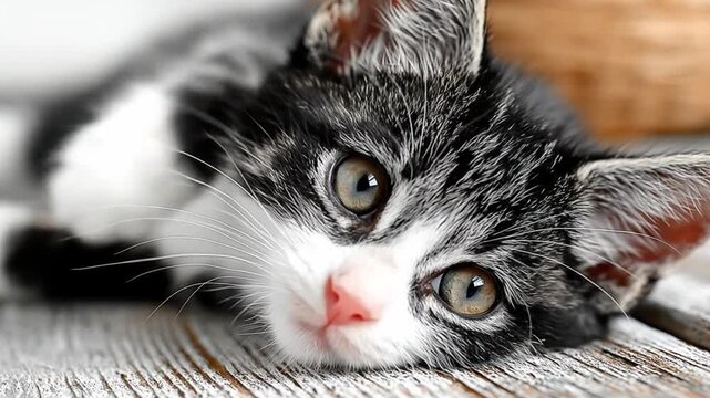 Playful kitten with striking eyes relaxing on a textured wooden surface