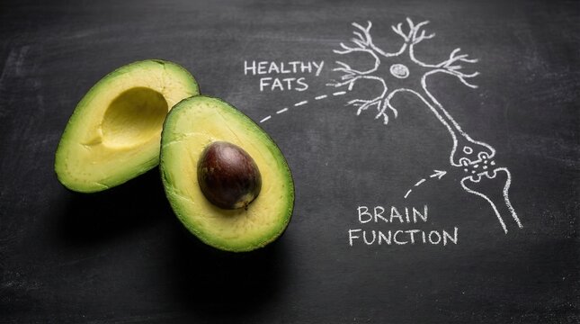 Organic avocado halves illustrating healthy fats and brain function with a neuron diagram on a dark chalkboard, top view for nutrition and health concept.