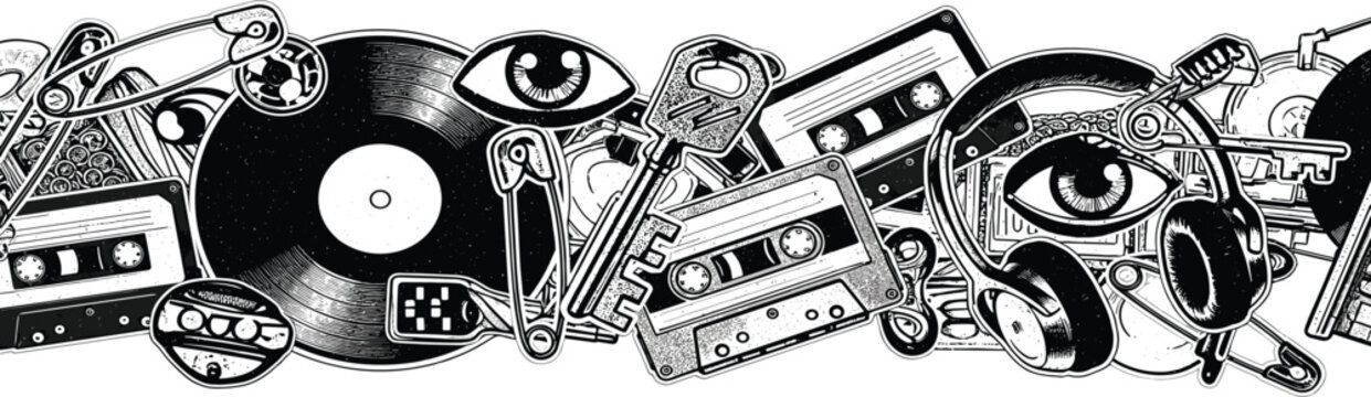 Vintage Music Elements Collage Featuring Cameras, Eyes, and Audio Equipment