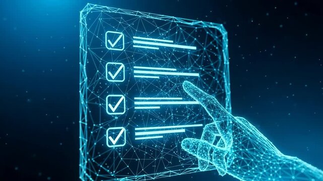 Glowing Wireframe Hand Interacts With Digital Checklist In Dark Blue Space Digital Confirmation Task Management Applicable To Business Technology Concepts
