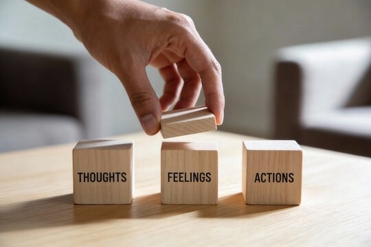 Hand stacking wooden blocks labeled Thoughts, Feelings, and Actions on a table with copy space for mental health and psychology concept.