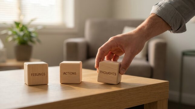 Hand placing wooden blocks labeled Thoughts, Feelings, and Actions on a coffee table for cognitive behavioral therapy concept.