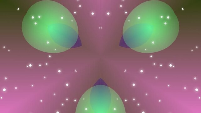 Three glowing green spheres with purple shadows and white dots float amidst sparkling lights on a pink gradient background from a frontal viewpoint
