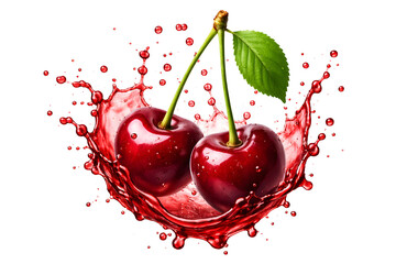 fresh ripe cherry with cherry juice splash isolated on transparent background
