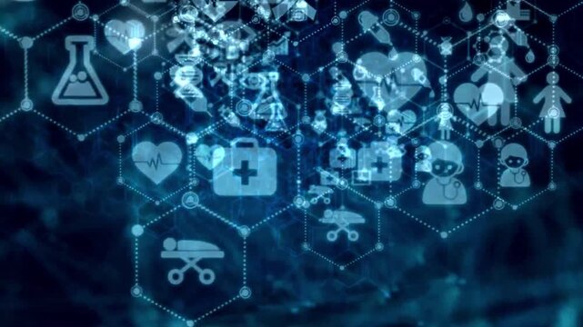 4K Abstract background Animation moving pass through dot and connection line with medical and health icon for futuristic cyber technology over dark background
