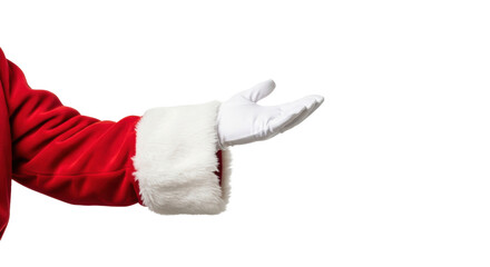 close-up of santa's arm in red suit and fluffy fur cuff, transparent glove open, presenting gesture on transparent studio background with copy space, holiday advertising concept