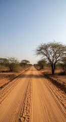 Naklejka premium Dusty Road Through the African Savannah Under a Clear Sky.