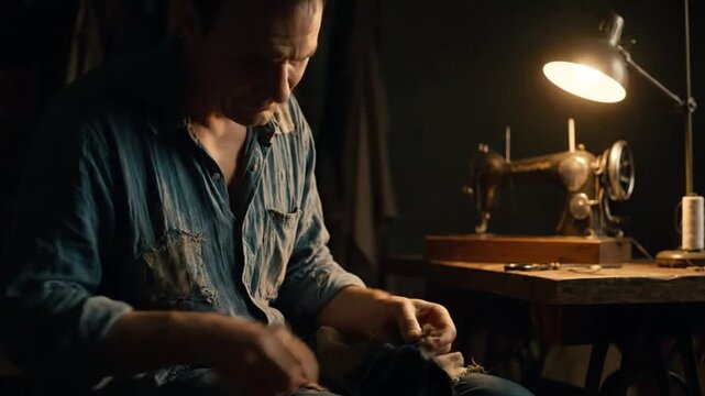 Man Patching Old Clothes, Clothing Repair and Reuse