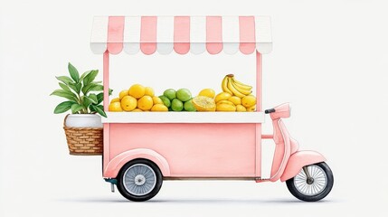 Vintage Fruit Cart Full of Fresh Fruits and Greenery on White Background