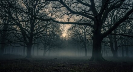 Eerie Forest Landscape with Fog and Bare Trees at Dusk.