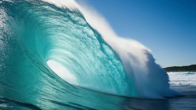 Clear Turquoise Ocean Wave Curls Creating Tunnel Shape With The Sea Sky In The Background Showing The Power Beauty Of Nature For Travel Promotions