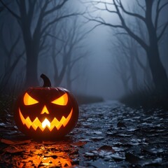 Eerie Halloween Night - Glowing Jack-o-Lantern in a Misty Forest.
