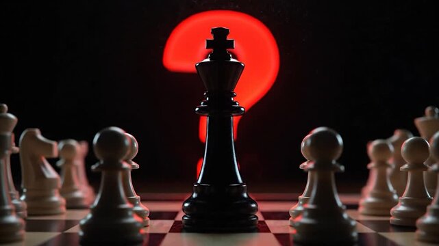 King Confronts Uncertainty: Chess Pieces Encircle Question Mark.