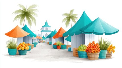 Obraz premium Colorful Marketplace with Tents and Fresh Fruits Under Palm Trees