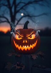 Eerie Halloween Pumpkin with Glowing Eyes and Smoke.
