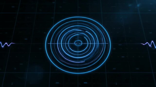 Abstract Concentric Circle Scan Animation on Dark Blue Grid Background Holographic Round Waves Seamless Loop Perfect