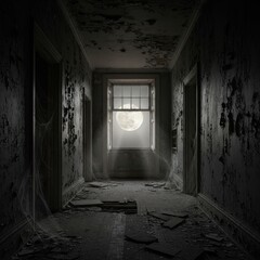 Eerie Hallway with Distant Light - A Haunting Architectural Scene.