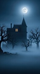 Eerie Haunted House Under the Moonlight in a Spooky Landscape.