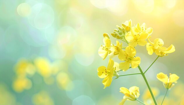 春の日差しを浴びて咲く菜の花と明るい風景
