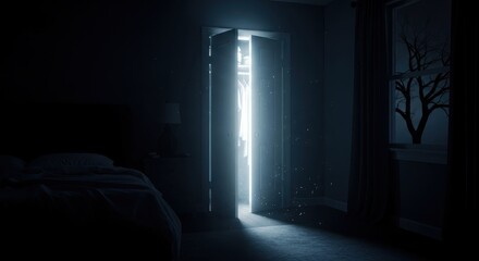 Eerie Light Streaming Through an Open Door in a Dark Room.