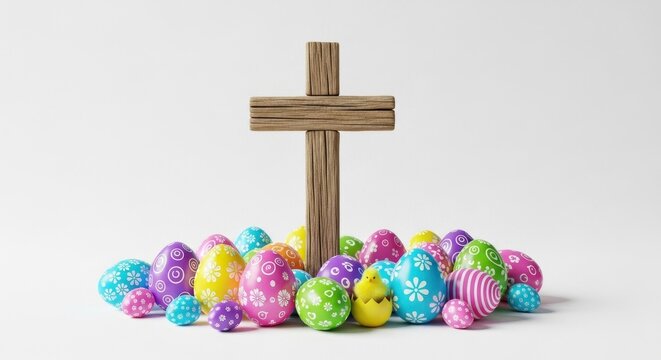 Easter Celebration - Wooden Cross and Colorful Eggs on White Background.