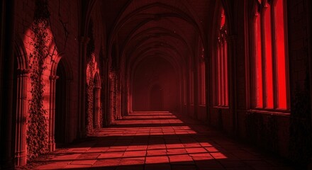 Eerie Red Hallway - Gothic Architecture and Shadow Play.