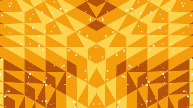 Geometric pattern featuring triangles and hexagons in vibrant orange hues, creating a dynamic and abstract design with moving elements and bright visual effects