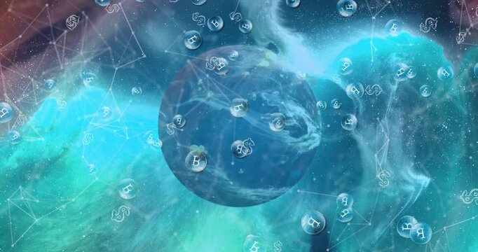 Node pulse starting planet rotating, bubbles drifting out, network forming, showing global finance