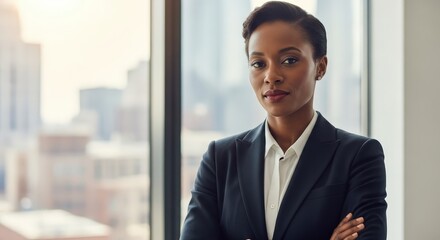 Fototapeta premium A confident businesswoman standing in front of a large window with a city view