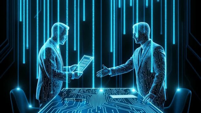Futuristic Business Deal With Circuit Board Figures Exchanging Documents Shaking Hands At Digital Table Against Black Background With Data Streams For Finance Technology Contract The