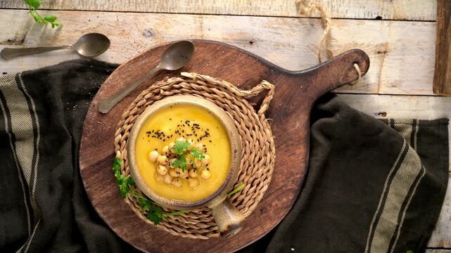 Creamy Butternut Squash Soup Topped with Chickpeas and Nigella Seeds on a Rustic Wooden Table