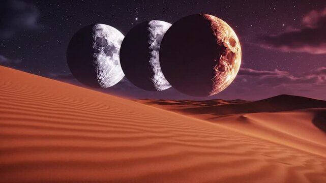 Surreal Desert Landscape with Three Moons and Stars at Dusk