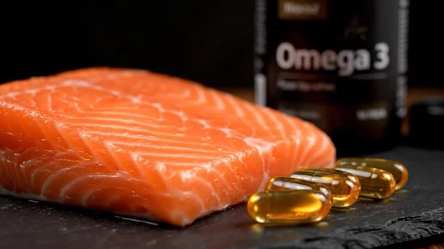 Salmon and Omega-3 Capsules: Close-up Reveals Healthy Fats and Nutritional Supplements.
