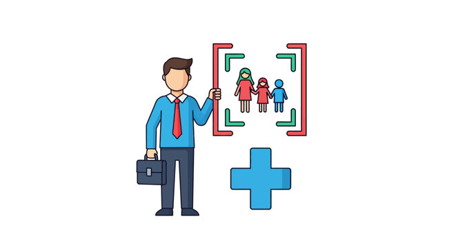 Family Health Insurance Agent Illustration. Businessman Offering Protection Plan, Coverage, and Security for Nuclear Family with Medical Cross Icon.