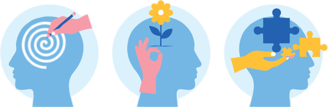 Mental wellness concept icons showing focus, mindfulness, positive thinking, and problem solving through abstract human head illustrations