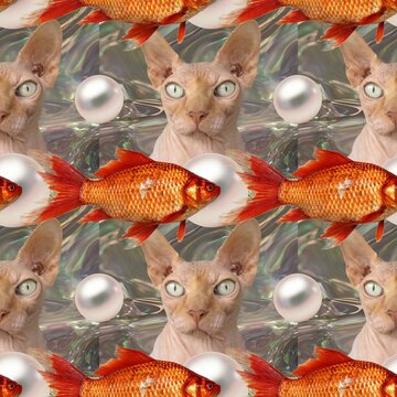 Cat Fish Seamless Pattern Pop Art Background Virtual Abstract Backdrop All Over Print on Demand Products Sublimation Bald Cat Wallpaper Graphic Goldfish Illustration Psychedelic Cat Art Fish Illusion