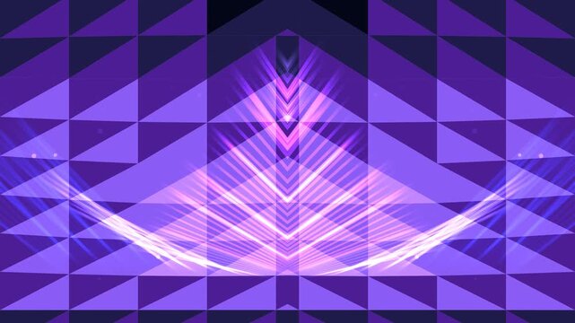 A vibrant purple geometric pattern with a glowing pink chevron design in the center, creating a dynamic and futuristic visual effect