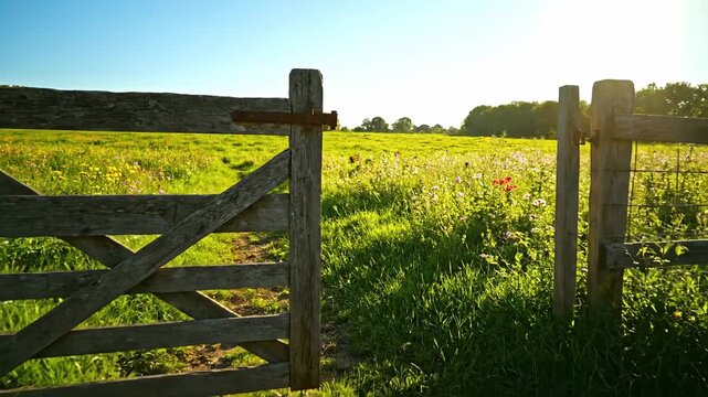 A tranquil rural landscape scene at golden hour featuring an ancient wooden gate opening into a vast sunlit wildflower meadow a serene and peaceful