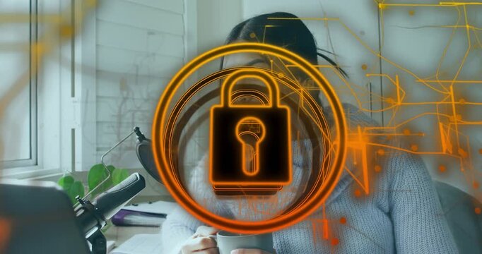 Woman using laptop and speaking into mic laptop growing padlock animation for security hiding hands