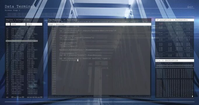 UI overlay fading in filling code lines cursor typing and tabs updating showing server access
