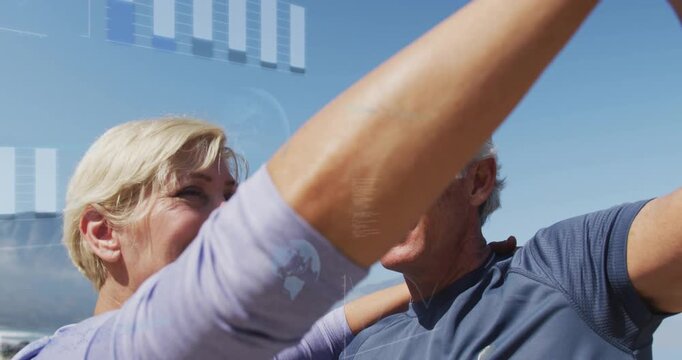 Couple posing coastal overlook, woman raising arm toward camera, sharing travel ad reflections