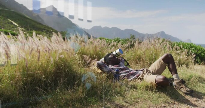 Male hiker on slope lifting water bottle, drinking, resting for recreation, overlays sliding left