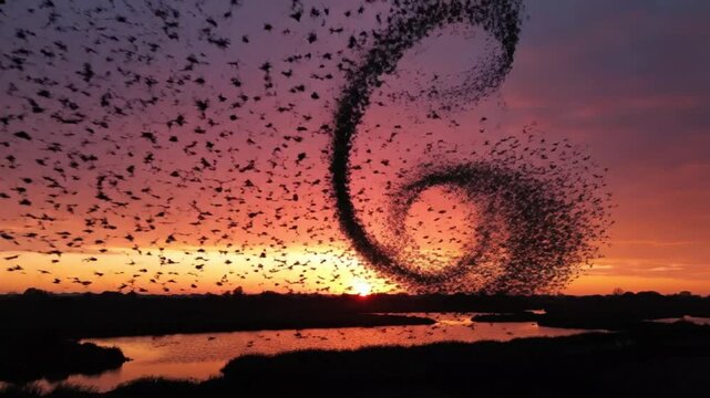 Murmuration of Starlings at Sunset, Swirling in Sky, Nature's Dance