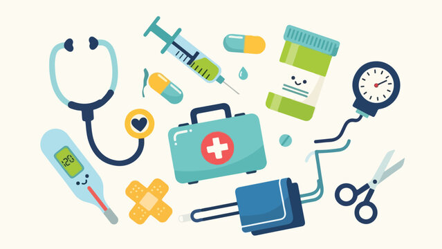 A cartoon-style illustration of medical tools and instruments