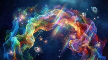 Fototapeta premium Abstract colorful cosmic nebula archway background in deep starry space, depicting a fantasy deep space formation with rainbow light and glowing stars.